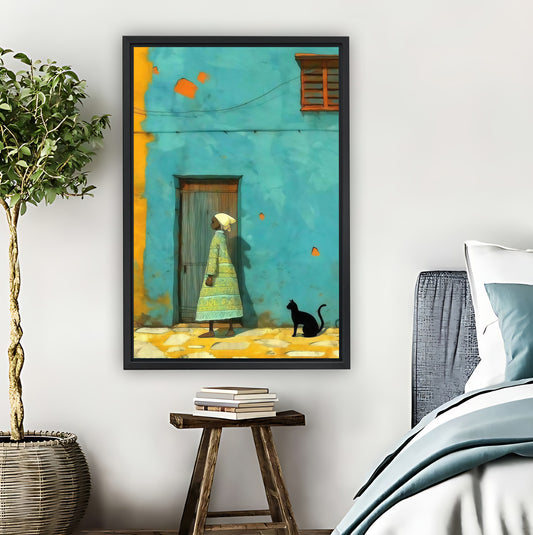 Vintage Blue Door with Cat Retro Illustration Wall Art|Liberty Signs #L873