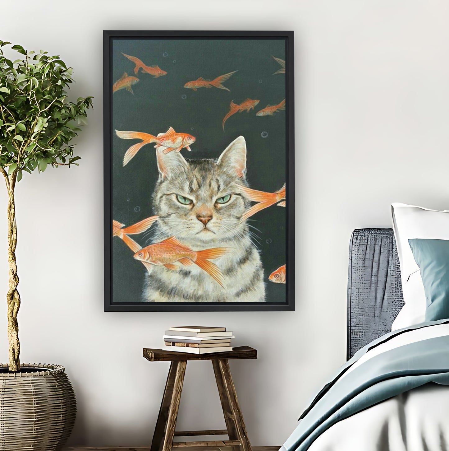Cat with Goldfish Whimsical Underwater Wall Art Print|Liberty Signs #L826
