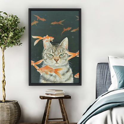 Cat with Goldfish Whimsical Underwater Wall Art Print|Liberty Signs #L826