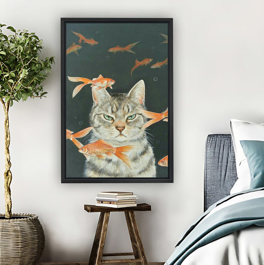 Cat with Goldfish Whimsical Underwater Wall Art Print|Liberty Signs #L826