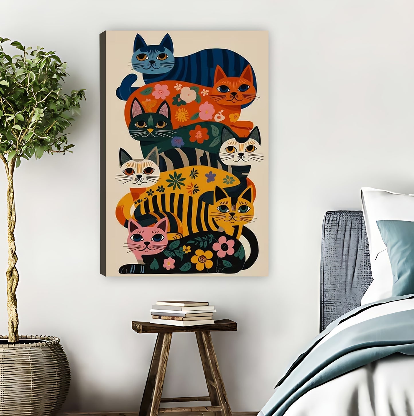 Colorful Stacked Floral Cats Mid-Century Wall Art Print| Liberty Signs #L1558