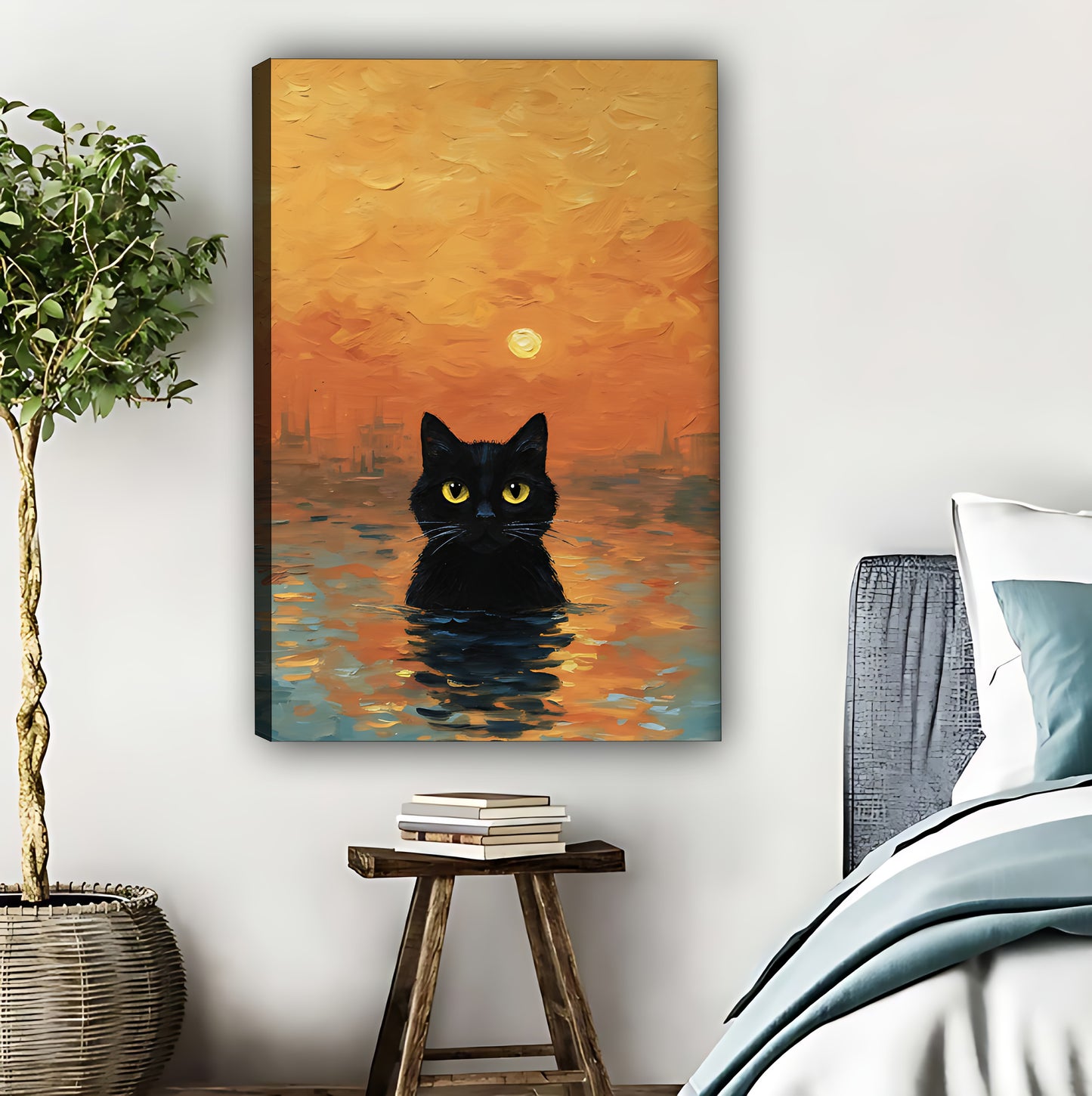 Black Cat in Sunset Waters Wall Art - Whimsical Animal Print|Liberty Signs #L621