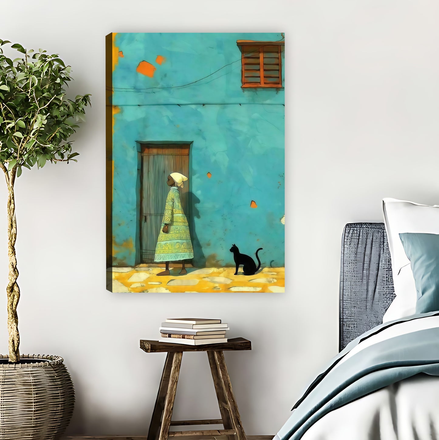 Vintage Blue Door with Cat Retro Illustration Wall Art|Liberty Signs #L873