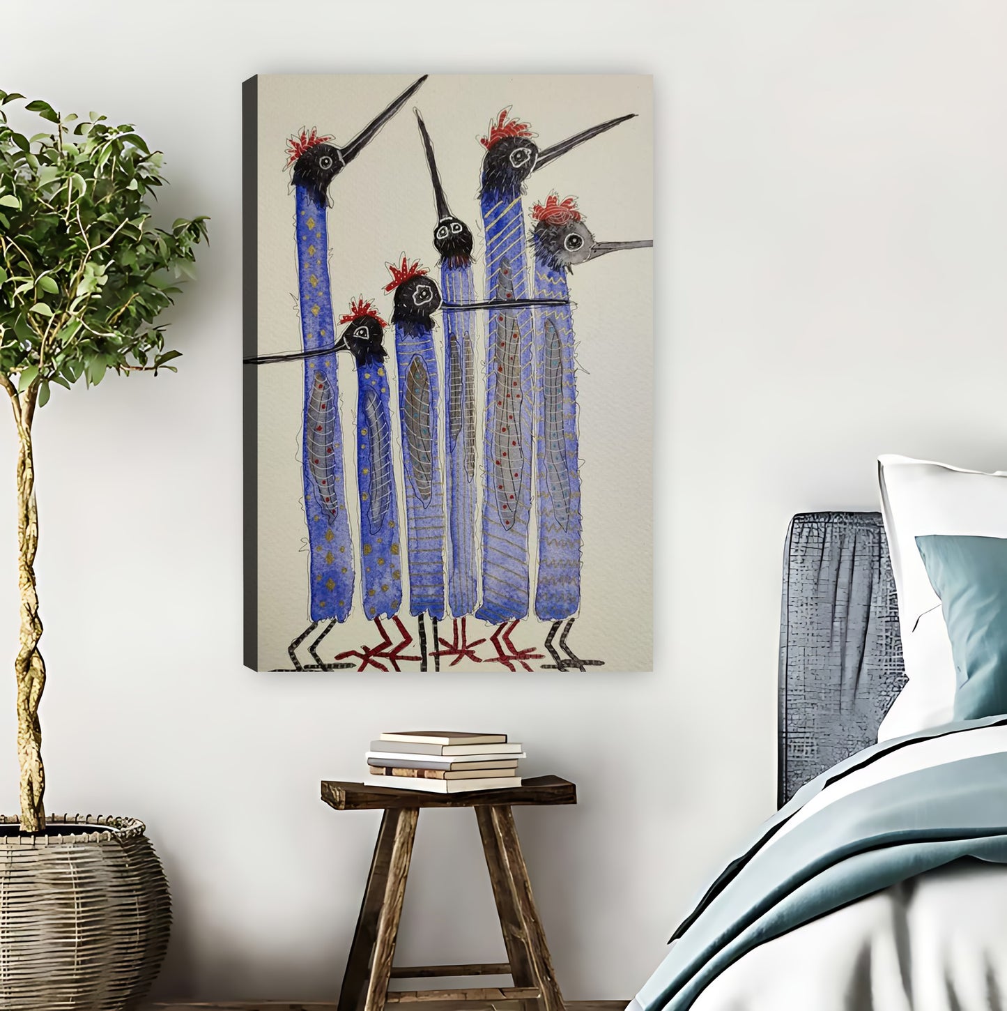 Abstract Tall Blue Birds Folk Art Print | Colorful Whimsical Bird Family Wall Art|Liberty Signs #L862