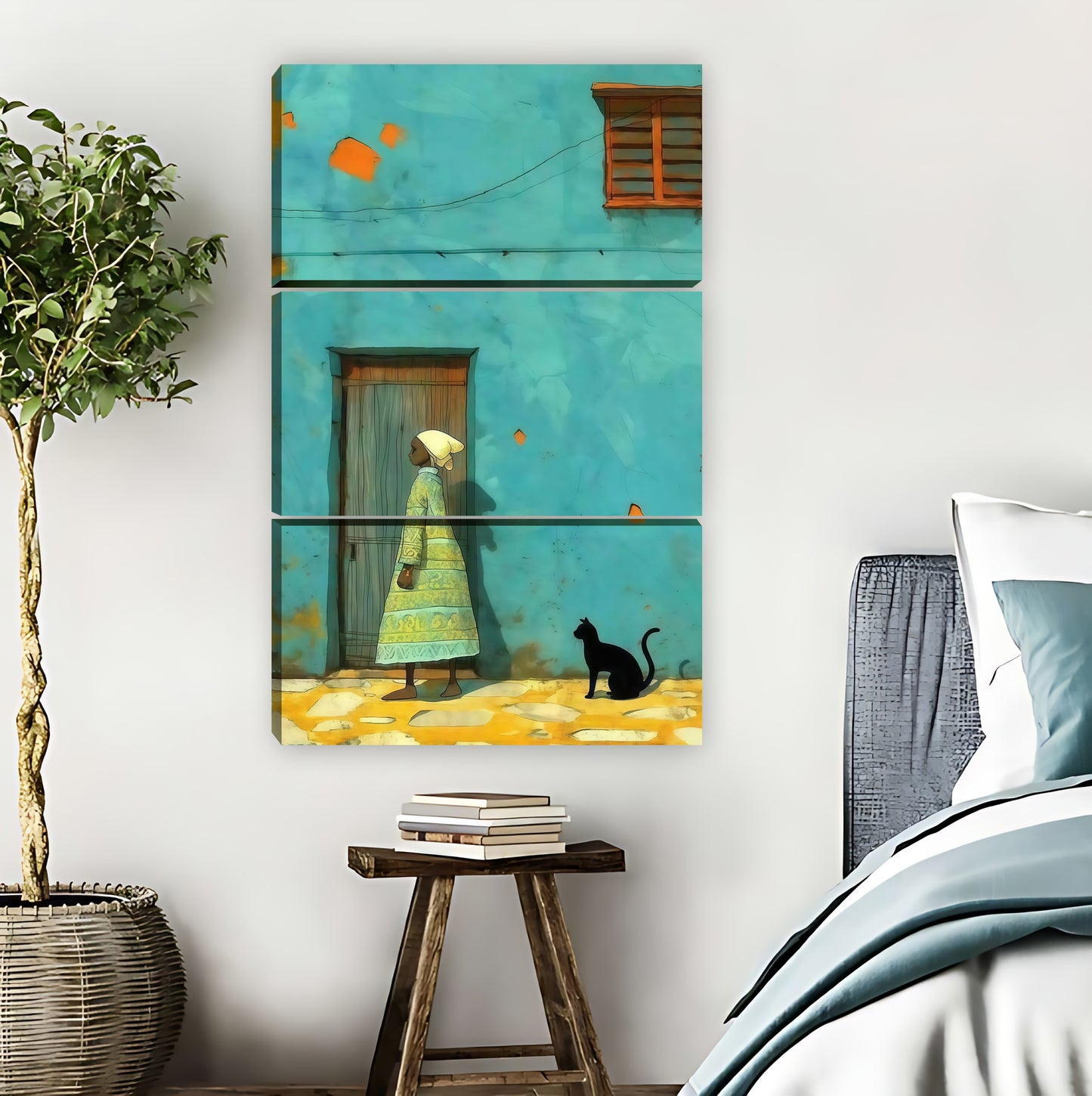 Vintage Blue Door with Cat Retro Illustration Wall Art|Liberty Signs #L873