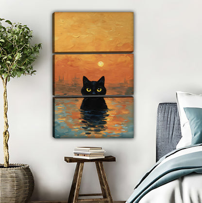 Black Cat in Sunset Waters Wall Art - Whimsical Animal Print|Liberty Signs #L621