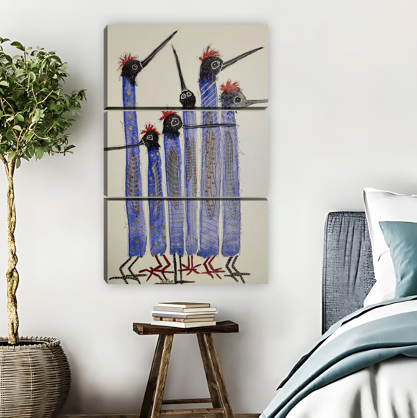 Abstract Tall Blue Birds Folk Art Print | Colorful Whimsical Bird Family Wall Art|Liberty Signs #L862