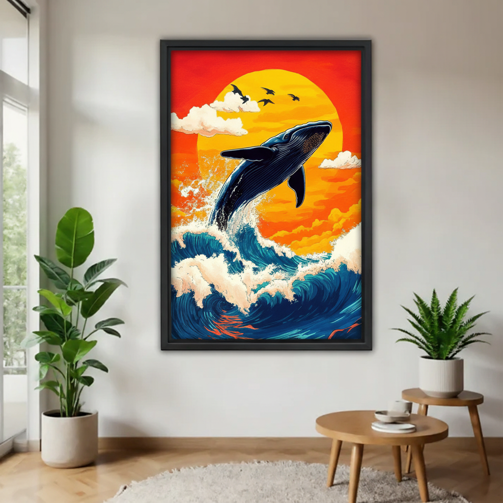 鲸鱼跃出海面木框画场景图