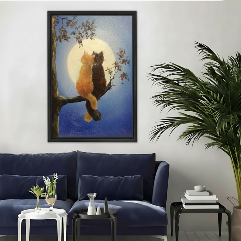 Moonlight Cats Romantic Framed Canvas Wall Art l2033