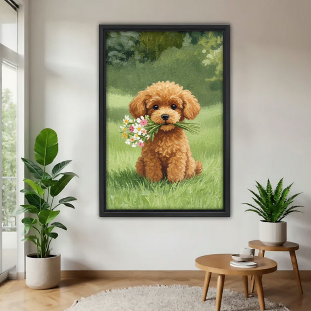 贵宾犬叼花束木框画场景图