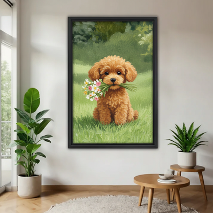 贵宾犬叼花束木框画场景图