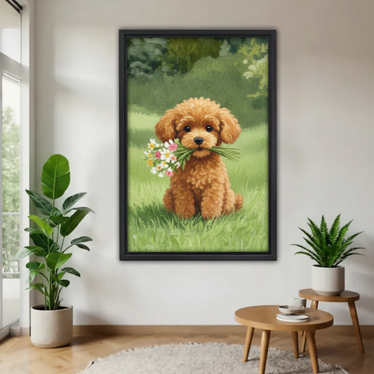 贵宾犬叼花束木框画场景图