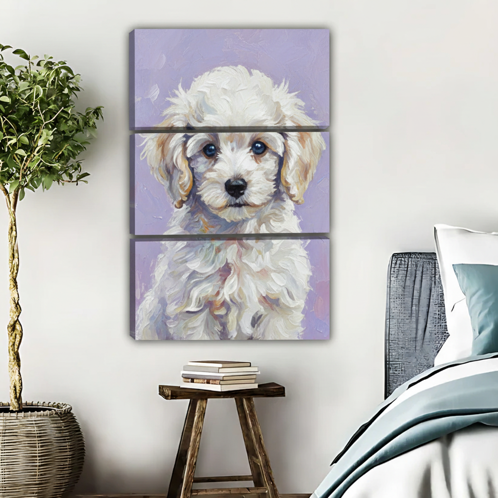 白色小狗油画三联画场景图