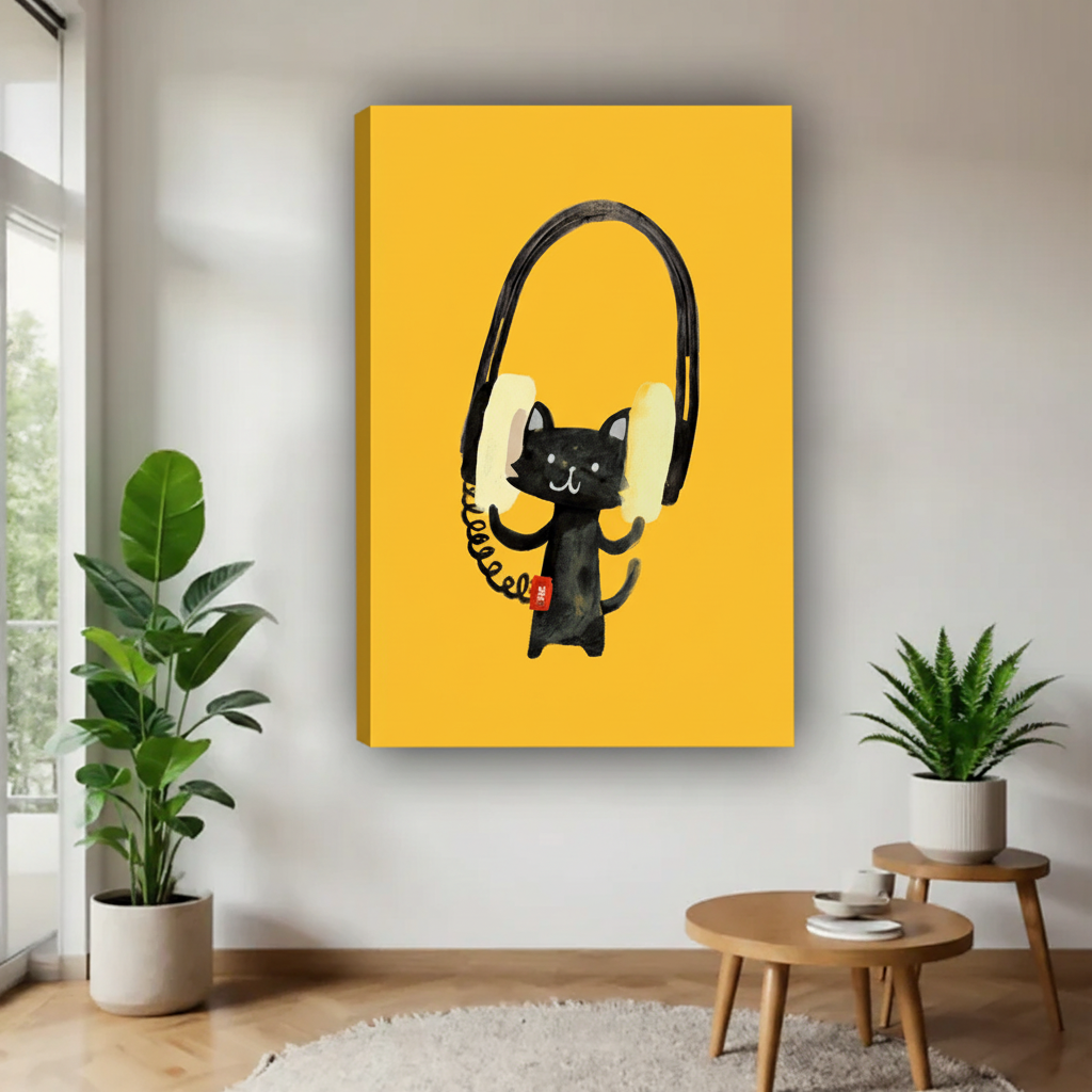 黑猫戴耳机帆布画场景图