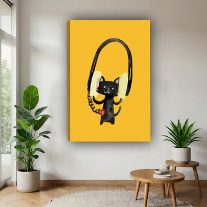 黑猫戴耳机帆布画场景图