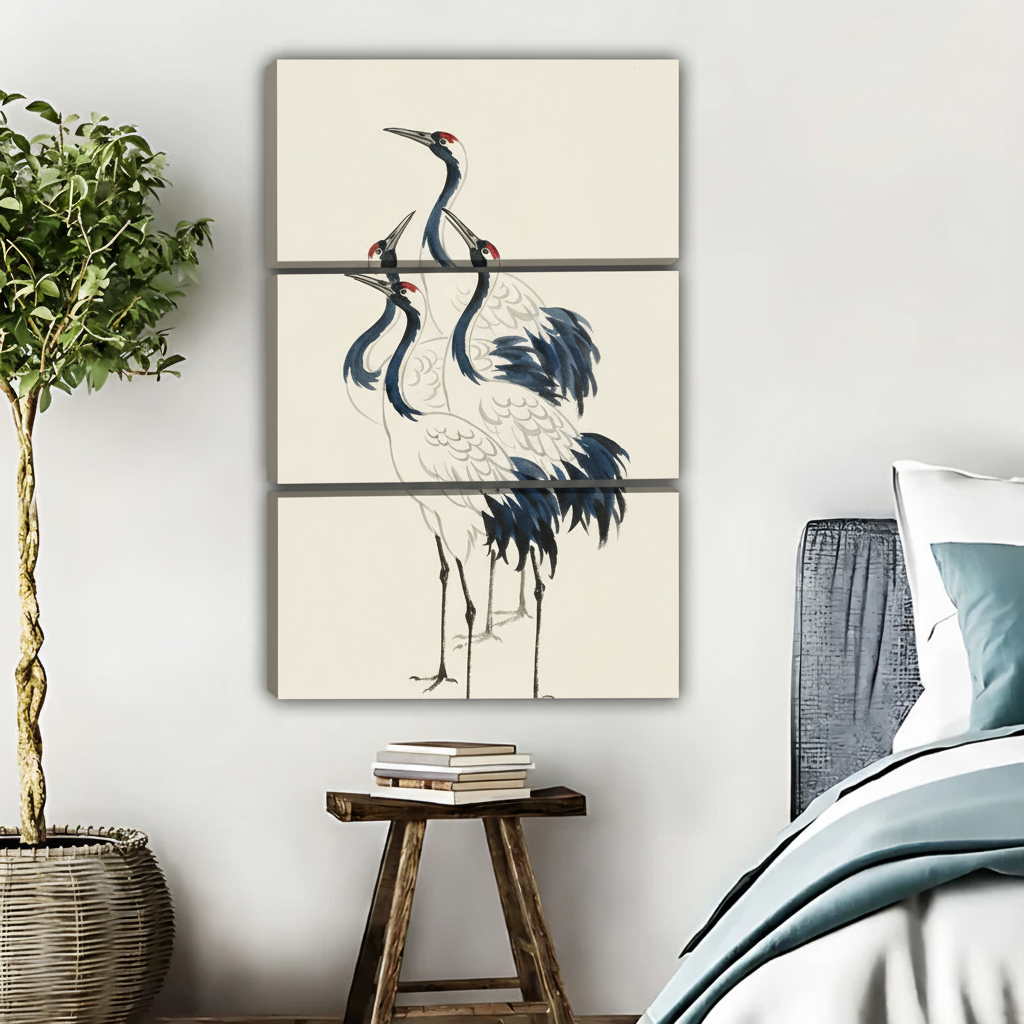 中国水墨仙鹤画三联画场景图