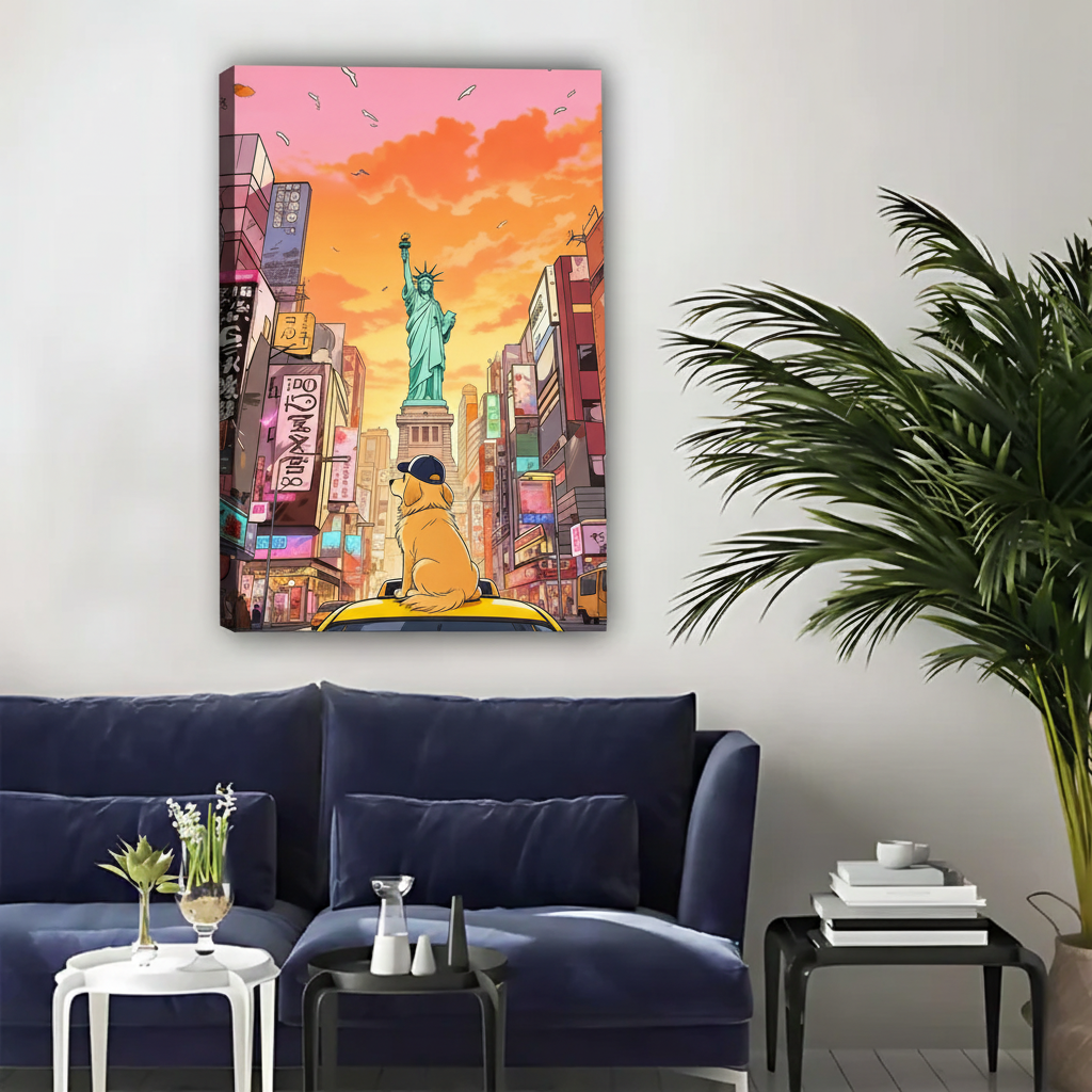 金毛犬城市风景立体装饰画室内场景