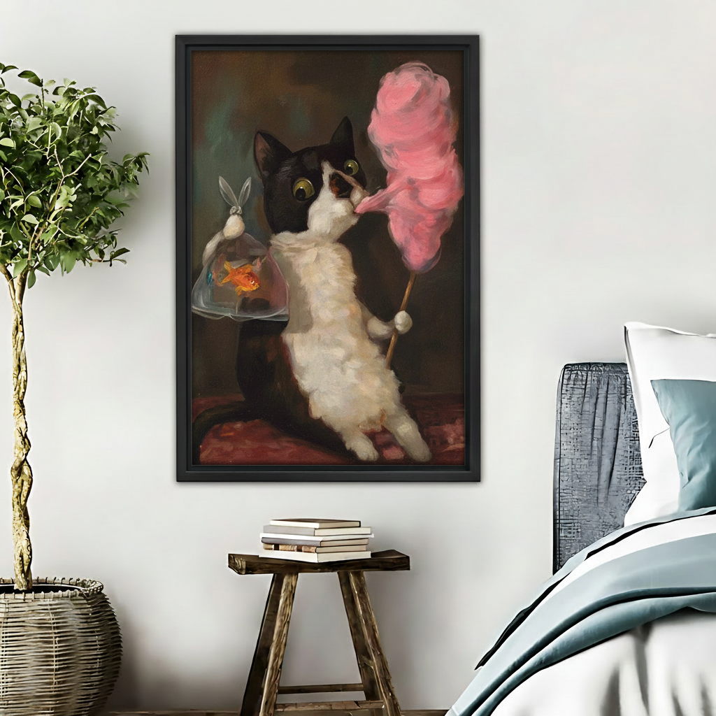猫吃棉花糖金鱼-木框画