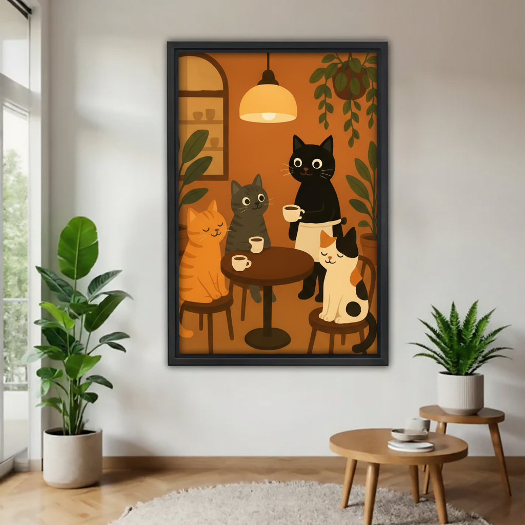 四只猫咪喝咖啡木框画场景图