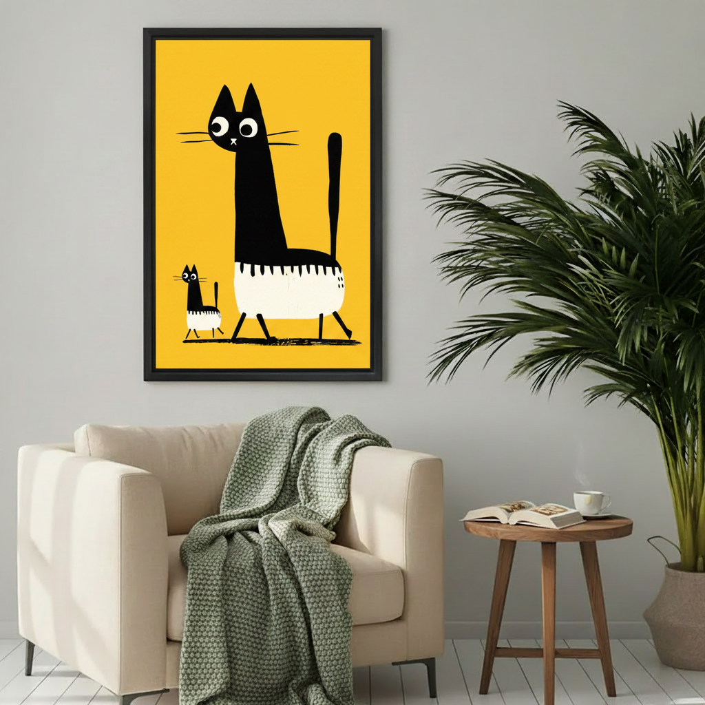 Whimsical black cat illustration yellow background wall art in dark brown frame above cream armchair with knit throw in cozy reading nook