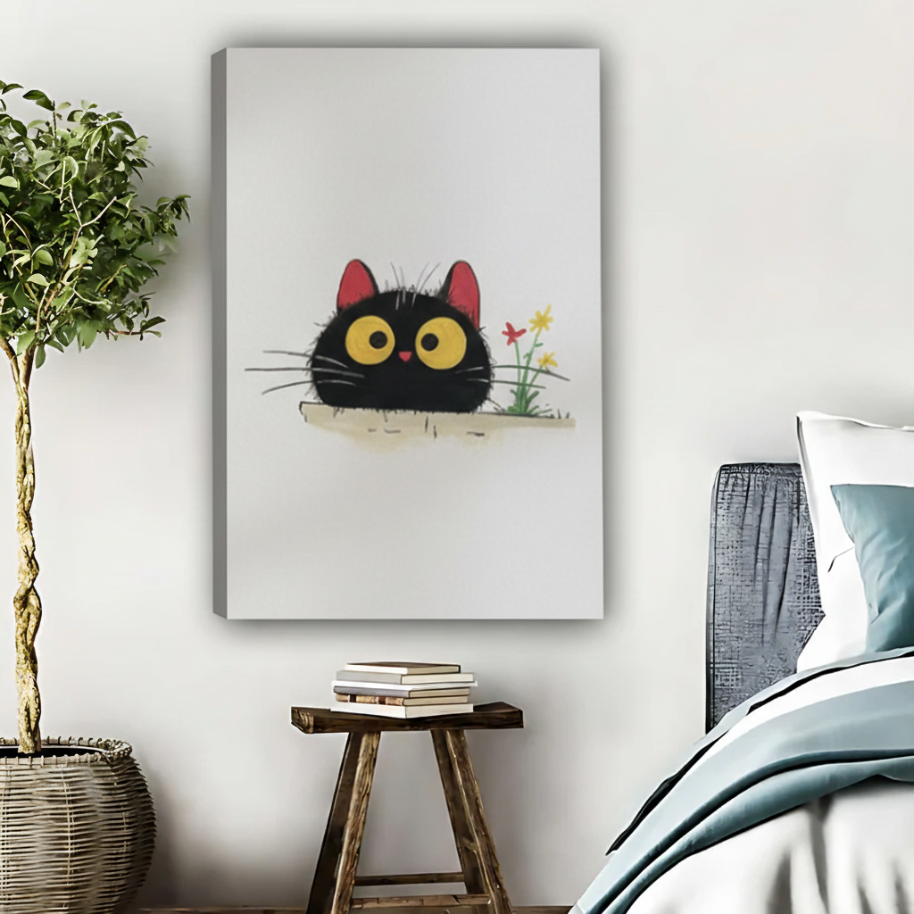 黑猫与小花水彩插画无框画布场景图-重新生成
