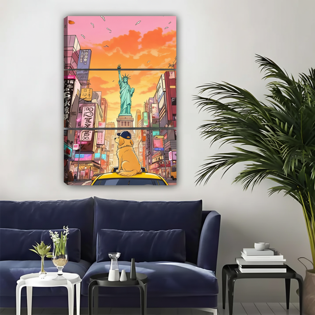 金毛犬城市风景立体装饰画室内场景