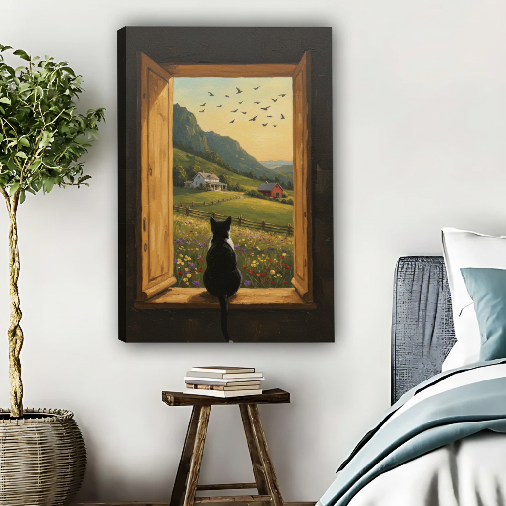 田园农场窗景猫咪艺术画无框画布场景图