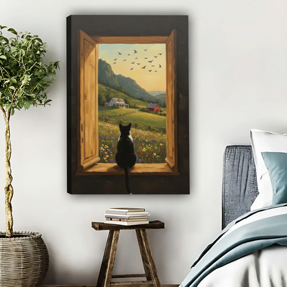 田园农场窗景猫咪艺术画无框画布场景图