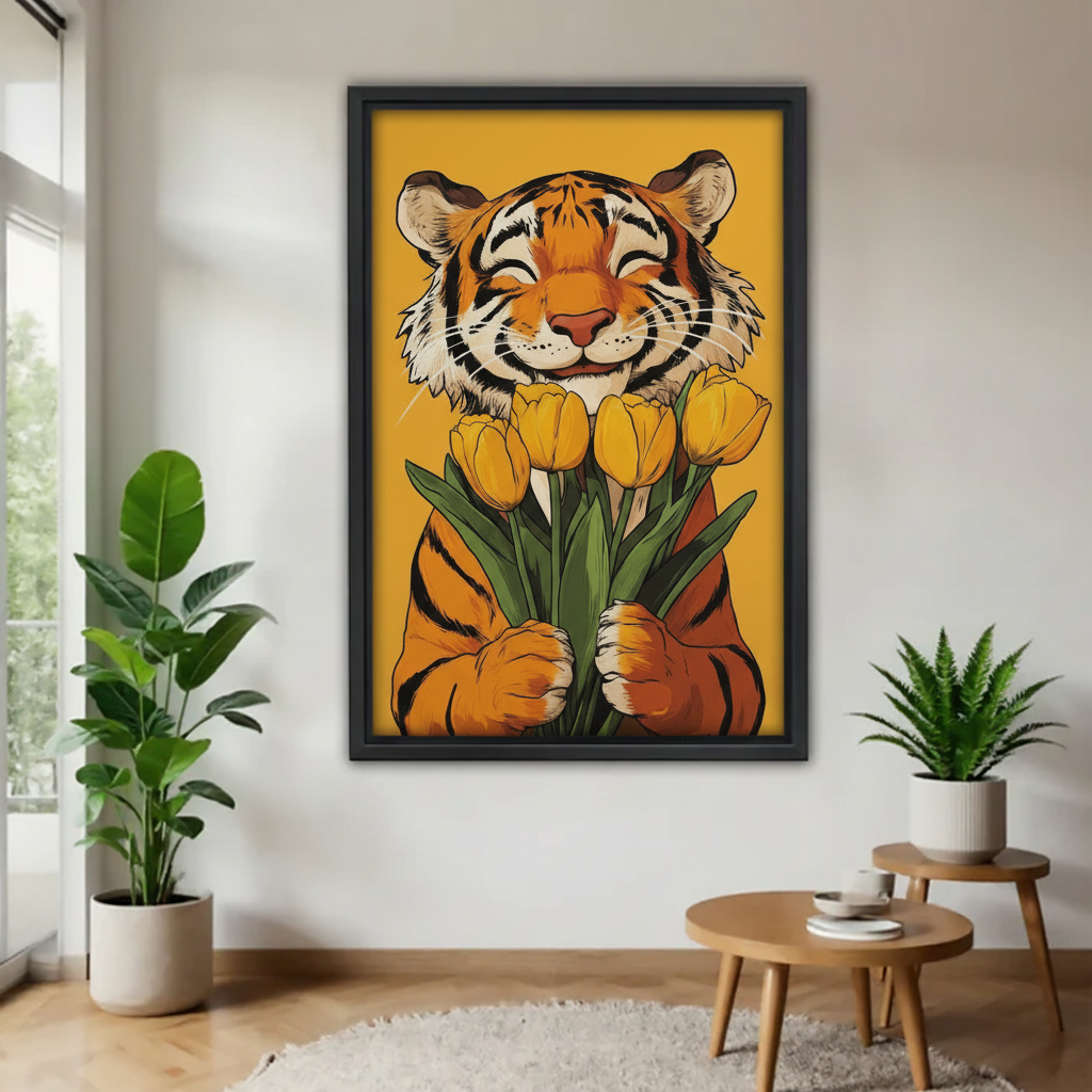 老虎与郁金香木框画场景图