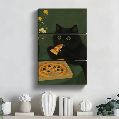 黑猫吃披萨三联画装饰