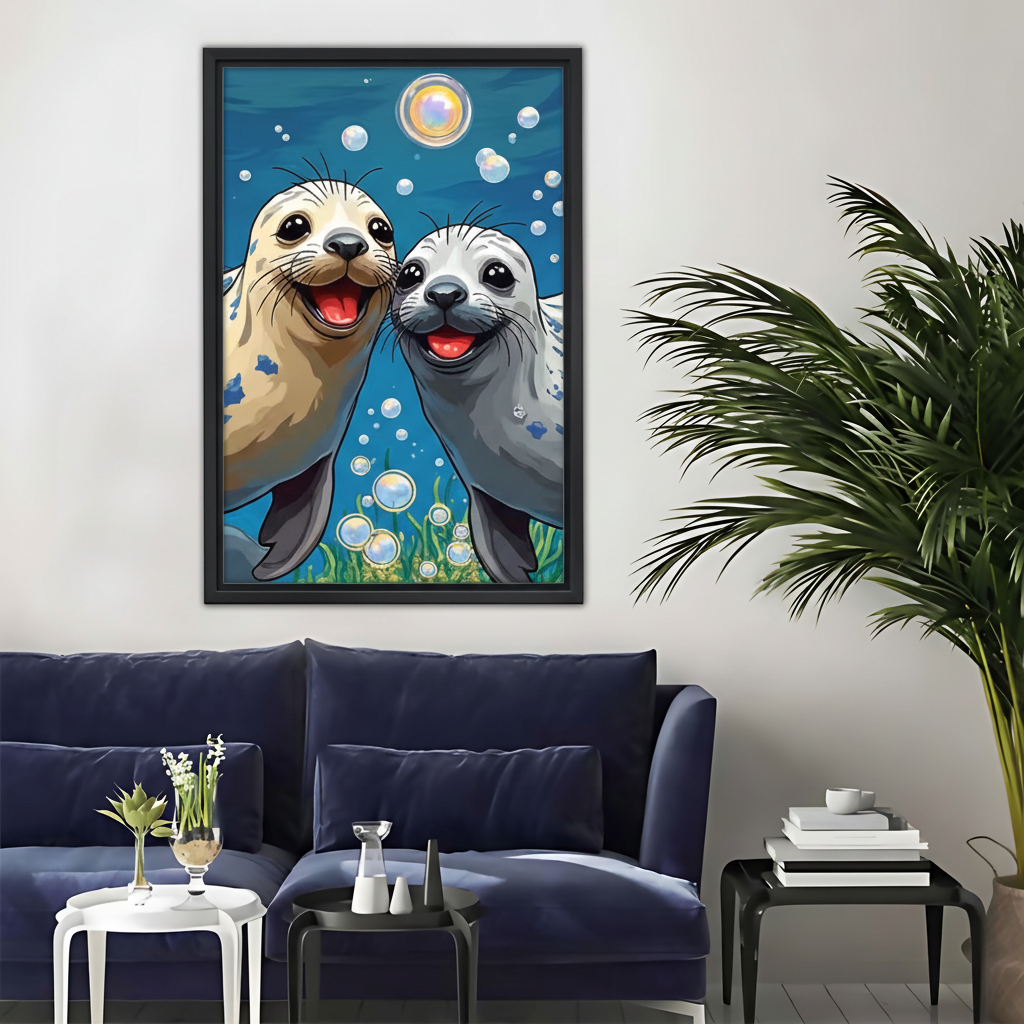 海豹卡通画作-黑框装裱