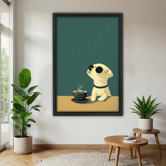 小狗与咖啡木框画场景图