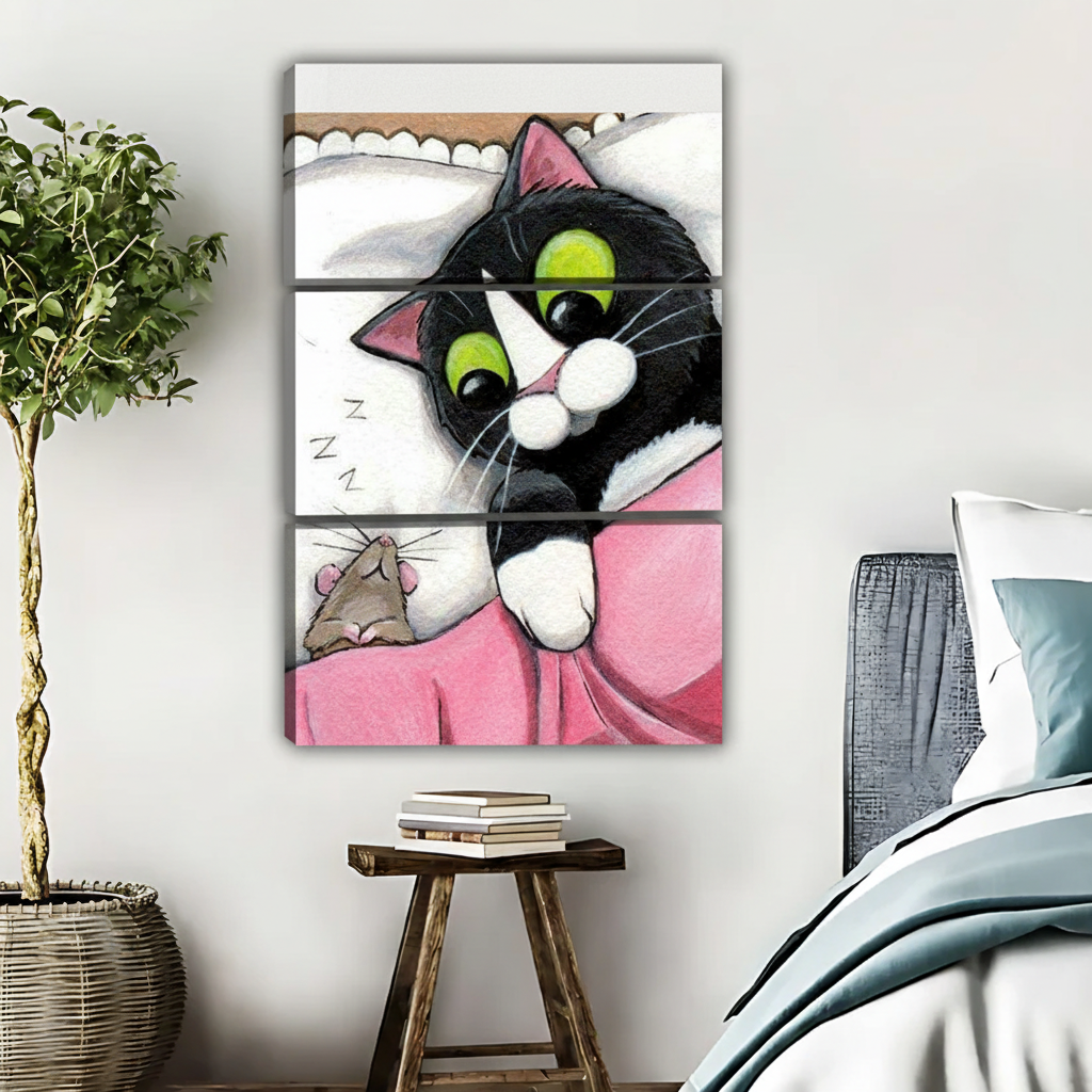 黑白猫与老鼠插画三联画场景图-增强立体感