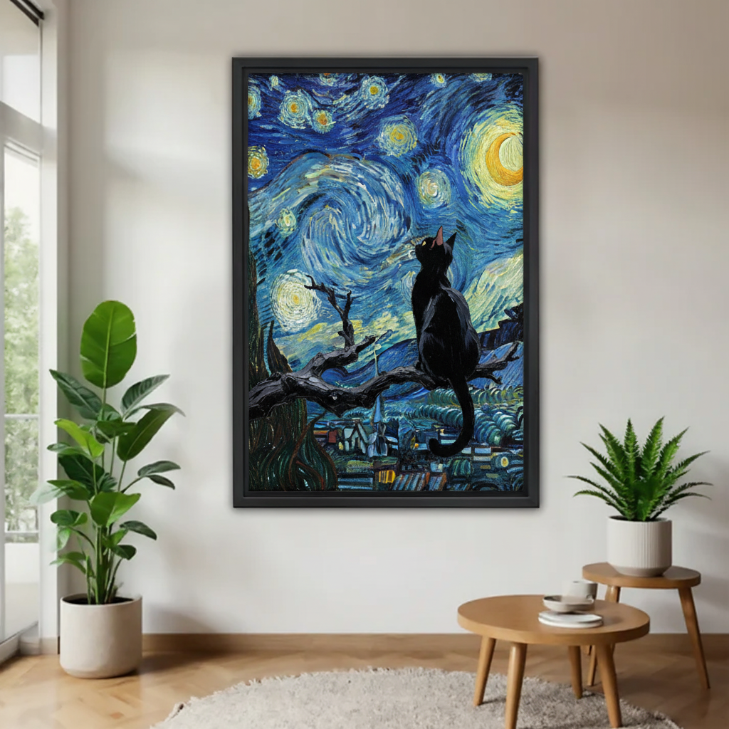 黑猫与星空木框画场景图