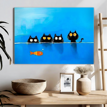 Funny Black Cats and Goldfish Framed Print – Bold Blue Wall Decor Shown in Room Setting