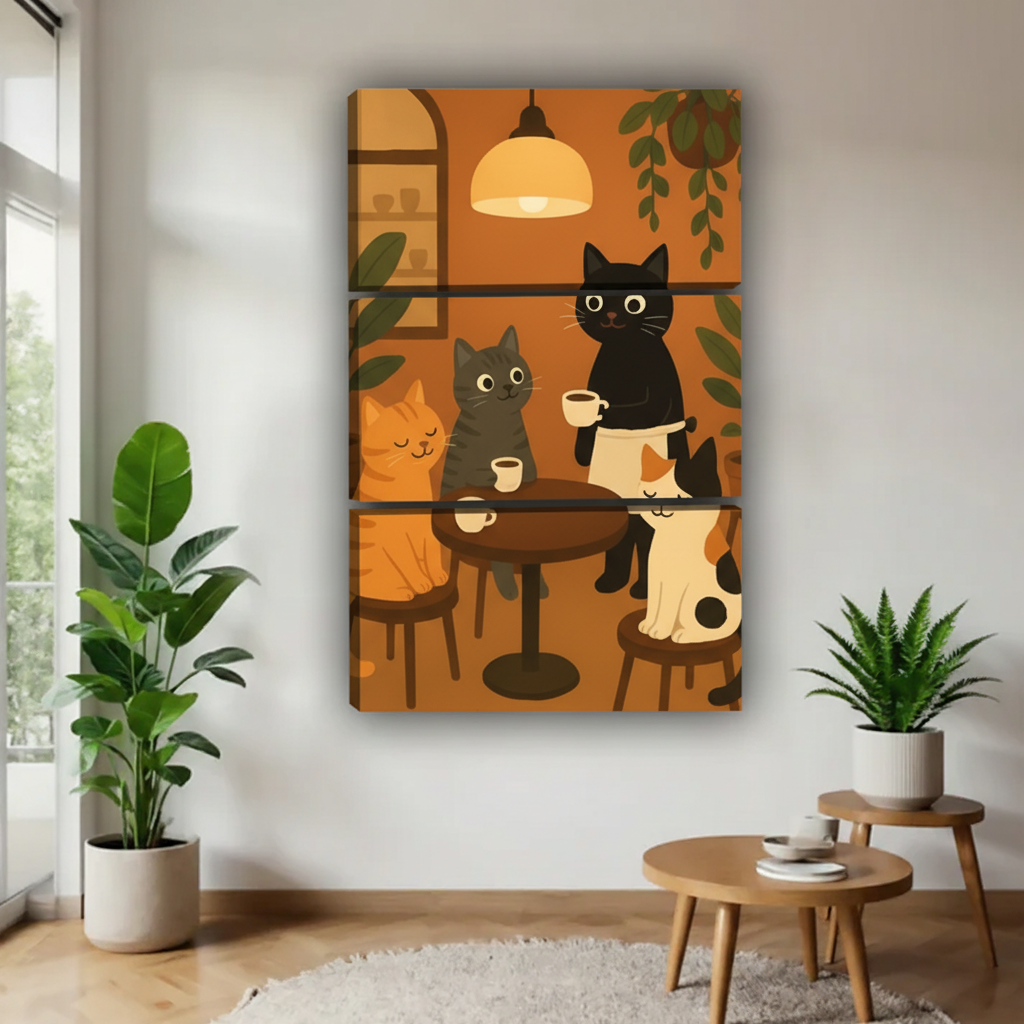 四只猫咪喝咖啡三联画场景图