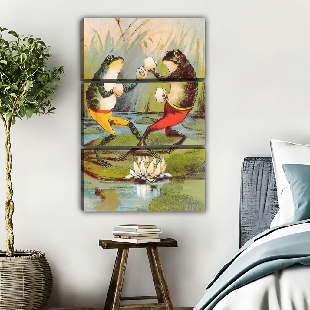 青蛙跳舞复古画三联画场景图-重新生成