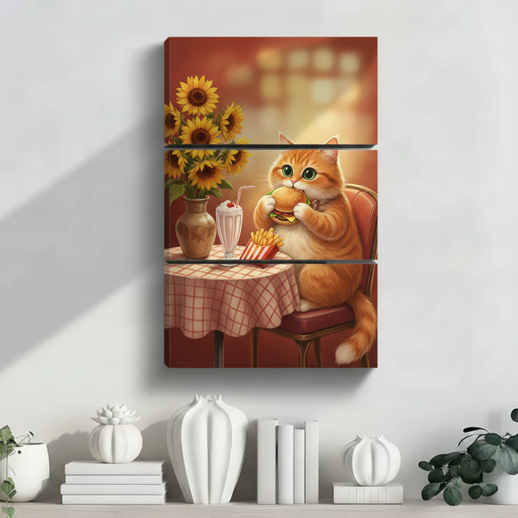 三联画-吃汉堡的猫