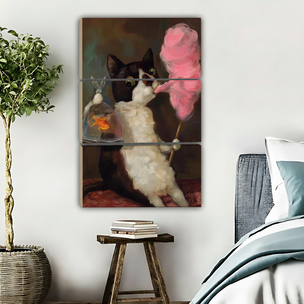 猫吃棉花糖金鱼-三联画