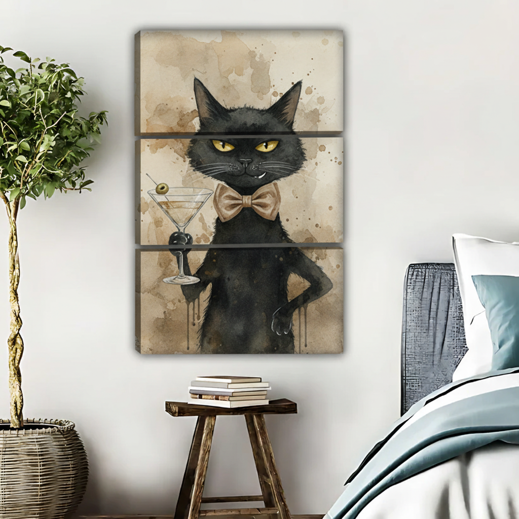 黑猫马提尼水彩画三联画场景图
