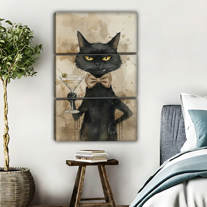 黑猫马提尼水彩画三联画场景图