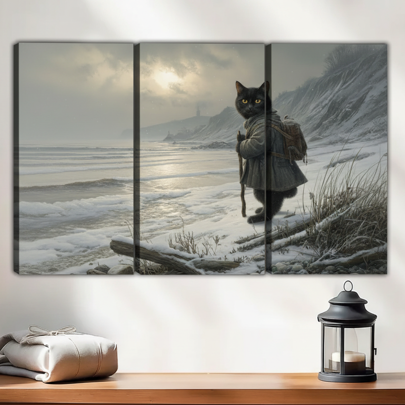 三联立体猫咪艺术画室内场景