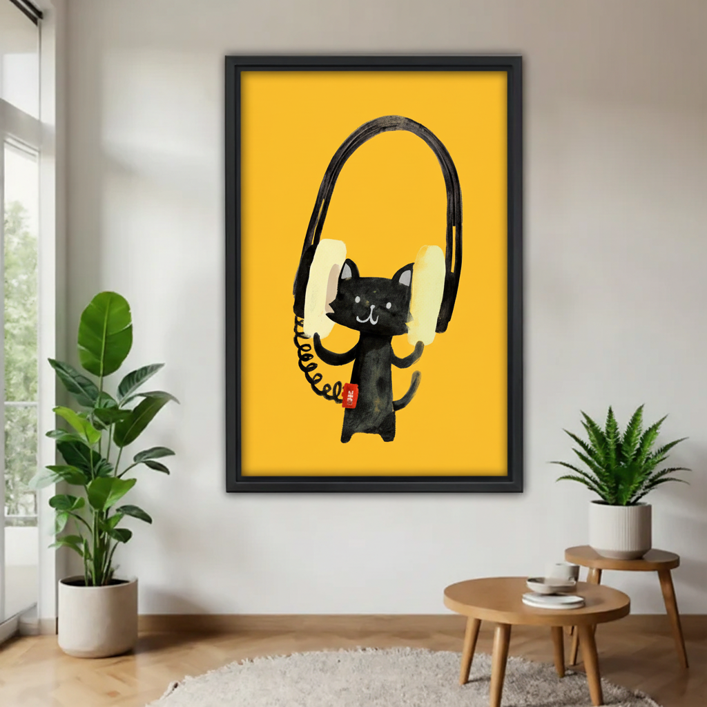 黑猫戴耳机木框画场景图