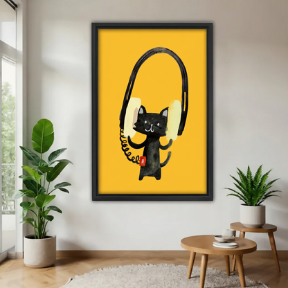 黑猫戴耳机木框画场景图