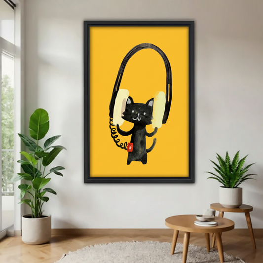 黑猫戴耳机木框画场景图