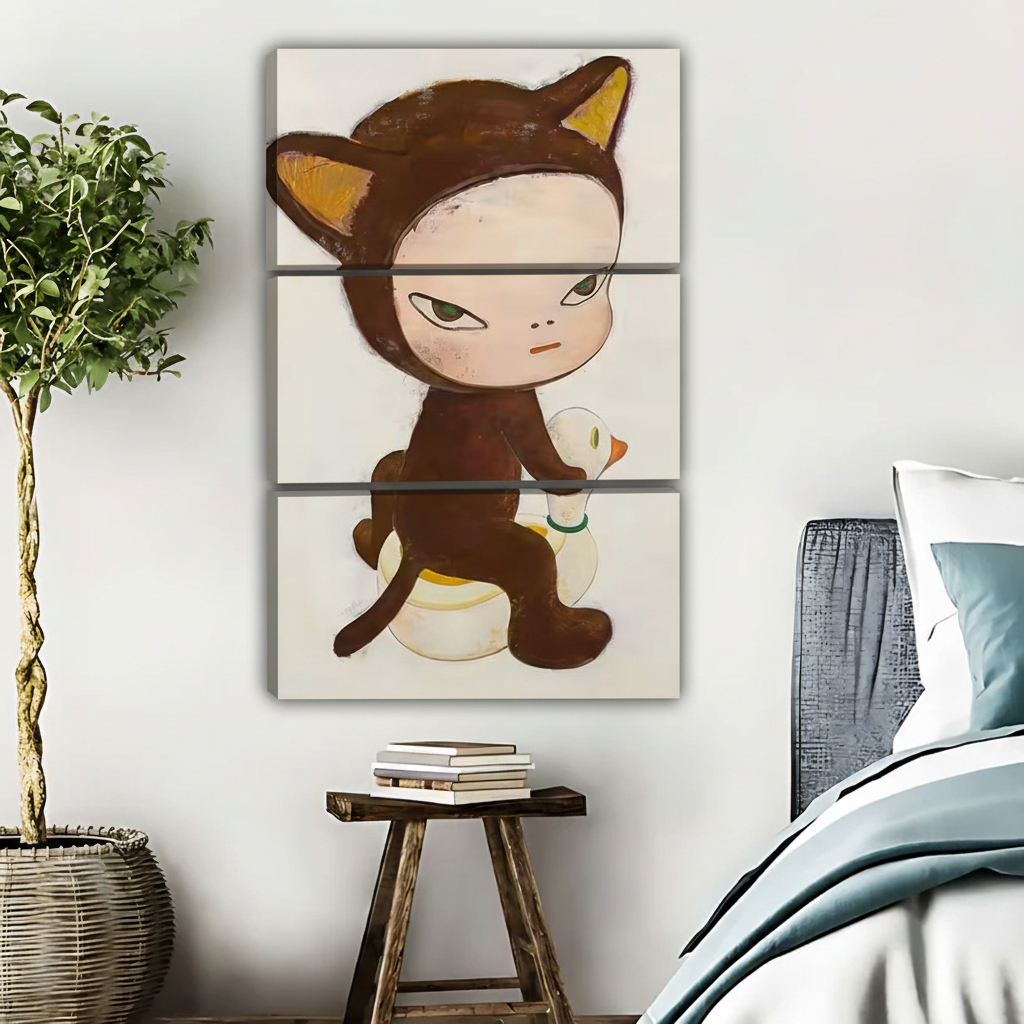 卡通猫咪角色三联画场景图