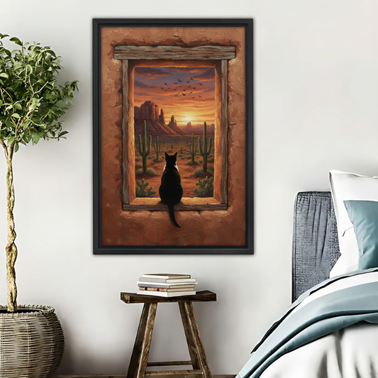 沙漠窗景猫咪艺术画木框画场景图
