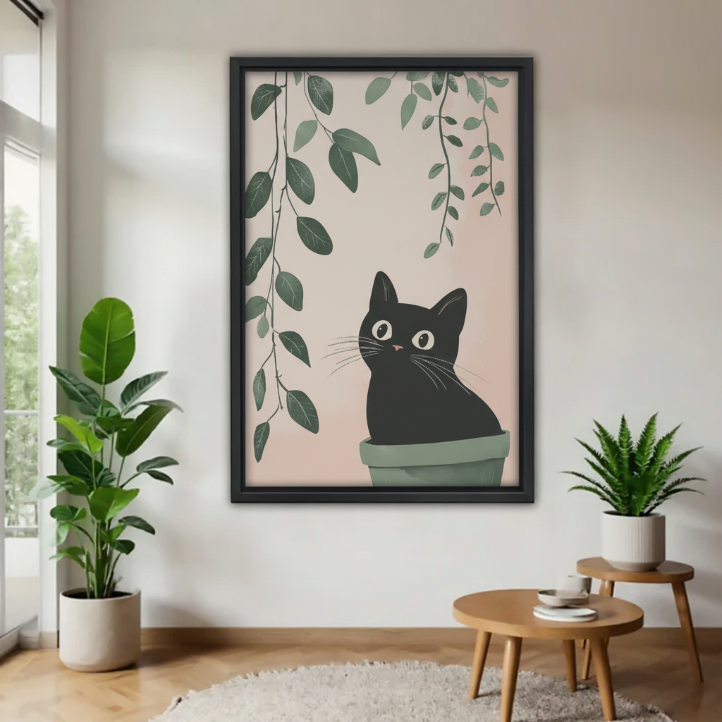 黑猫与绿植木框画场景图