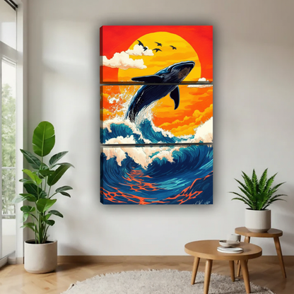 鲸鱼跃出海面三联画场景图