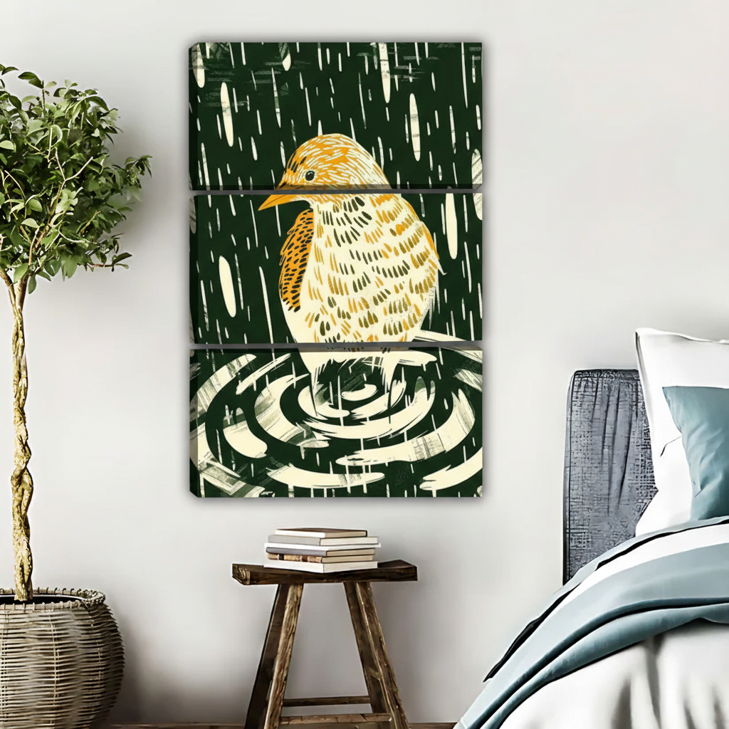 小鸟木刻版画三联画场景图